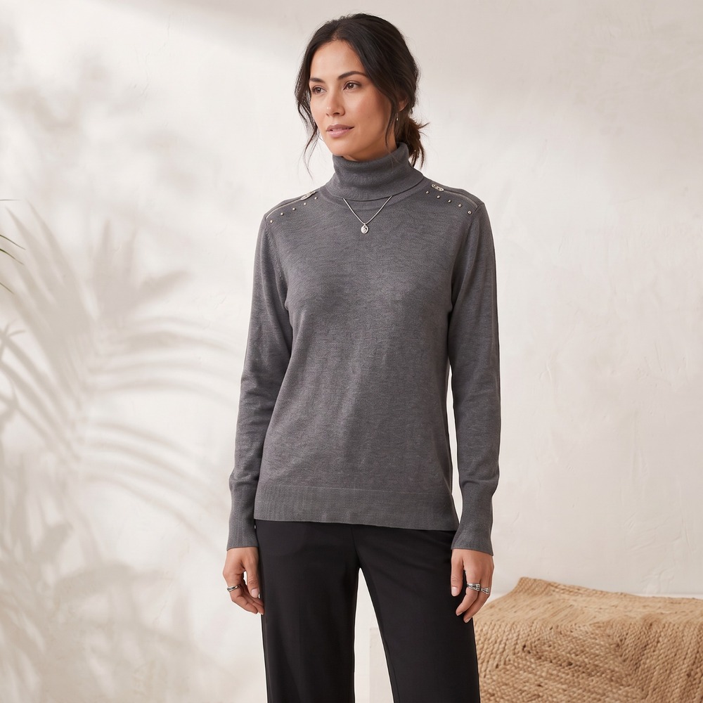 Retrology Gray Turtleneck Sweater Zipper Shoulder Grunge Office Edgy Academia L